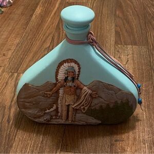 1989 Native American Indian Chief Ceramic Clay Bisque Water Jug Decantur Blue
